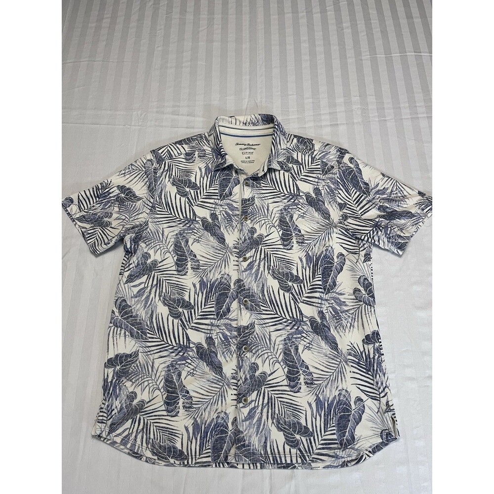 Tommy Bahama IslandZone Supima Cotton Polo Shirt Mens Large L Blue Palm Leaf